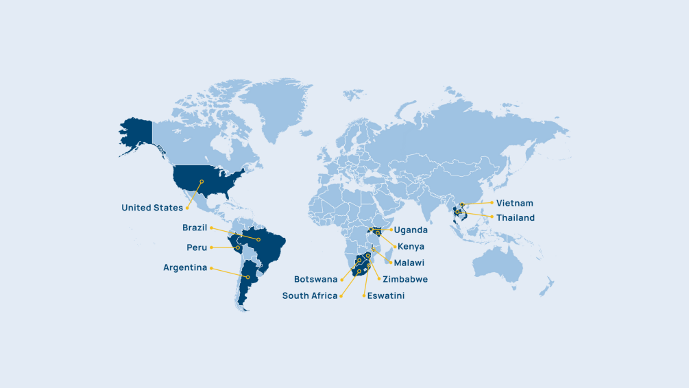 Map of HPTN study population countries: United States, Brazil, Peru, Argentina, Botswana, South Africa, Eswatini, Zimbabwe, Malawi, Kenya, Uganda, Thailand, Vietnam